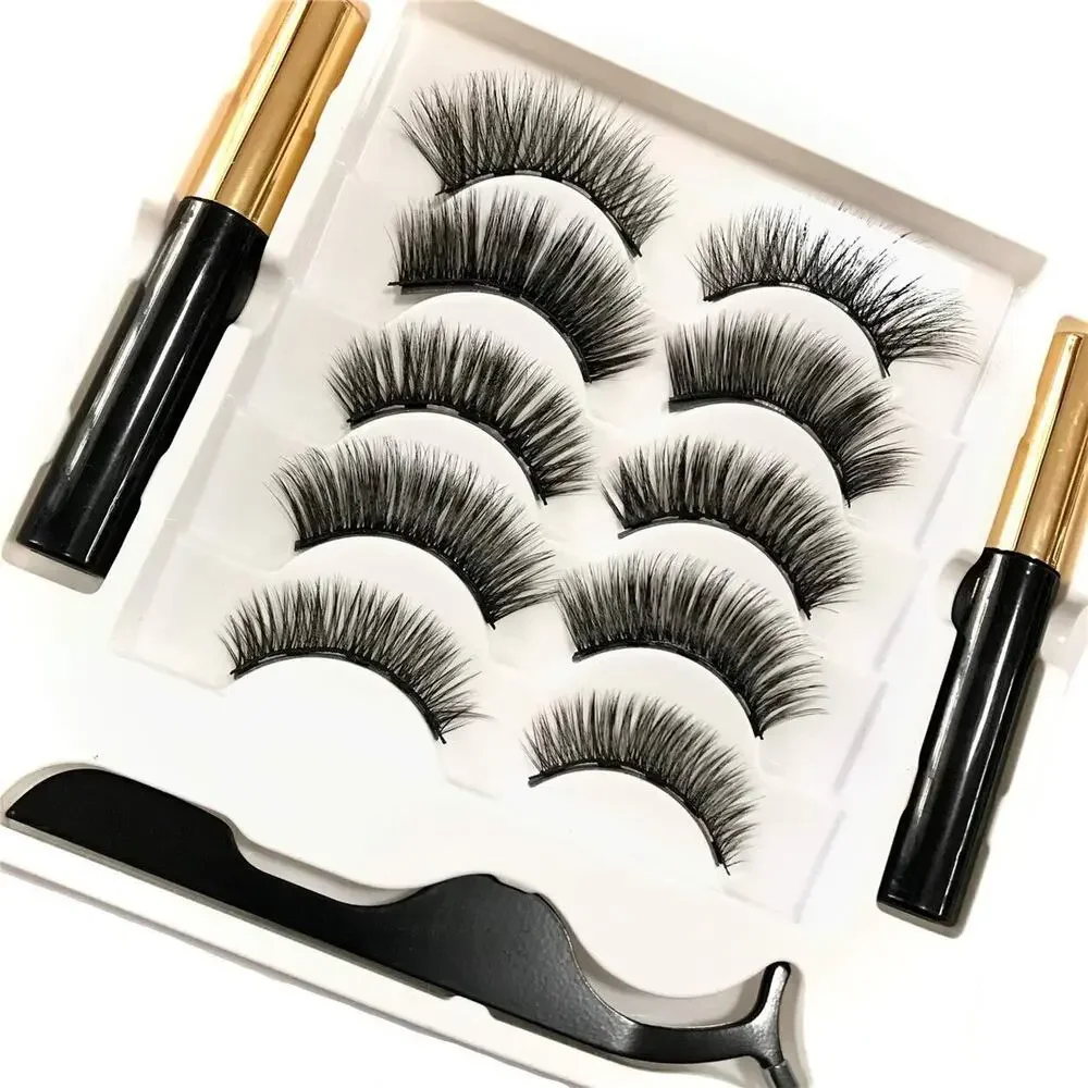 [5 Pairs] Magnetic 5 D Eyelashes and Eyeliner Kit, Reusable